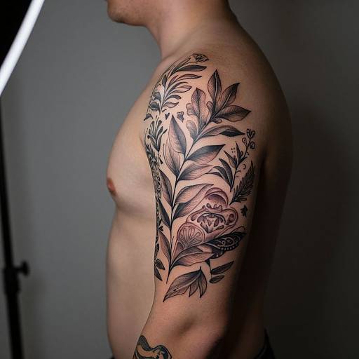 Realistic Portrait with Nature Sleeve Tattoo