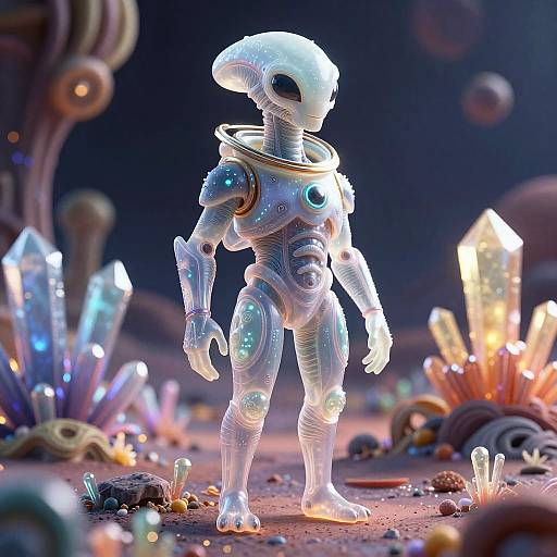 CGI image of a glowing, white, humanoid robot with metallic textures, standing amidst vibrant, colorful crystals in a futuristic, alien landscape.