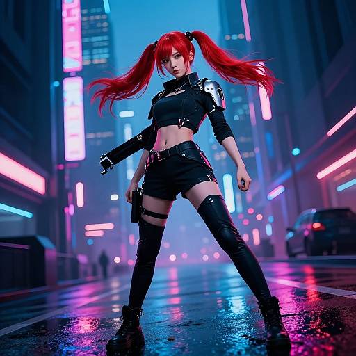 Digital artwork of a fierce, red-haired woman in neon-lit cyberpunk city street, wearing black crop top, shorts, thigh-high boots, and