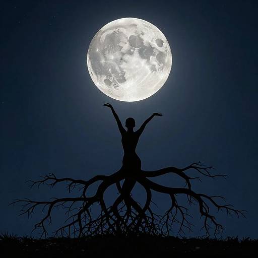 Silhouetted figure with outstretched arms, tree-like roots, and full moon in dark blue night sky. Digital illustration.