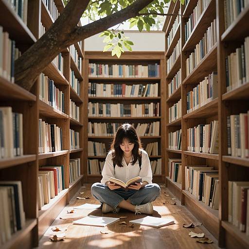 Photograph of a young woman with black hair, wearing a white shirt and blue jeans, sitting cross-legged in a sunlit library aisle, reading a