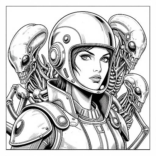 Black-and-white digital ink drawing of a serious female soldier with a helmet, surrounded by robotic skulls. Detailed line work emphasizes armor and mechanical features.