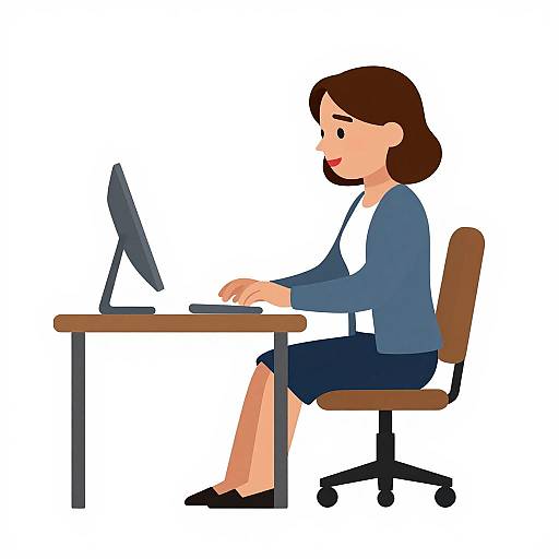 Digital illustration of a brown-haired woman in a blue jacket, white blouse, and black skirt, seated at a desk, typing on a computer.