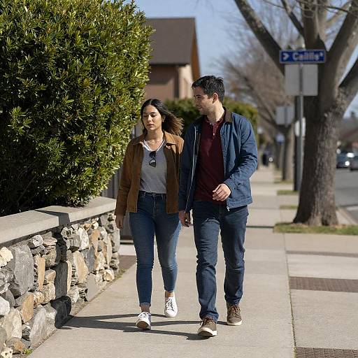 Young Couple Walking on Sunny Sidewalk