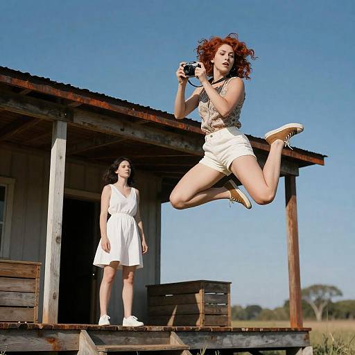 Dynamic Jumping Woman with Film Camera