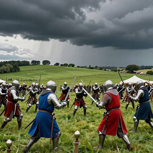 Photograph of medieval knights in silver armor, blue and red tunics, preparing for battle in a grassy field under dramatic, stormy sky.