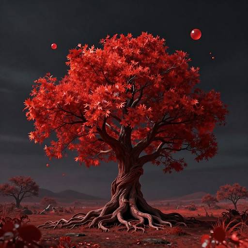 Surreal Crimson Tree with Floating Orbs