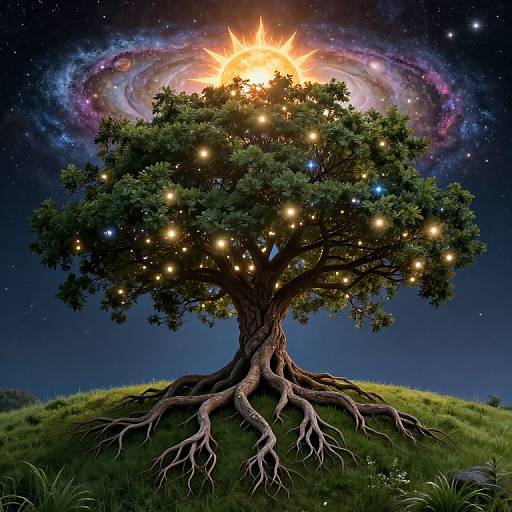 Digital art of a mystical tree with glowing lights and roots, topped by a fiery starburst, against a cosmic, starry night sky.