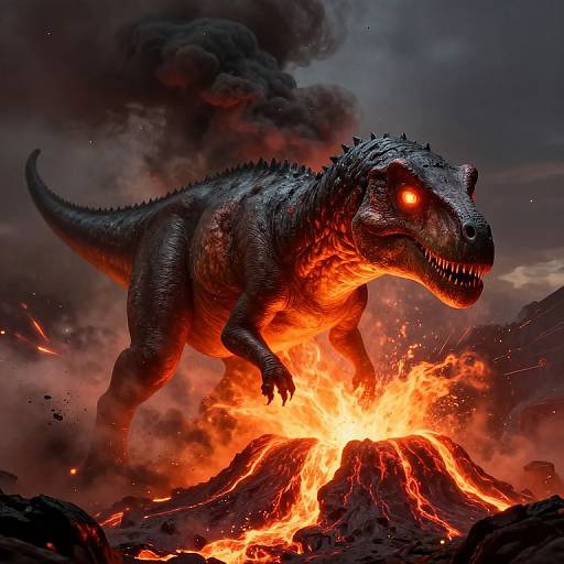 Digital artwork of a roaring, glowing-orange-eyed, black-scaled T-Rex standing over a fiery, erupting volcano with thick black smoke in the