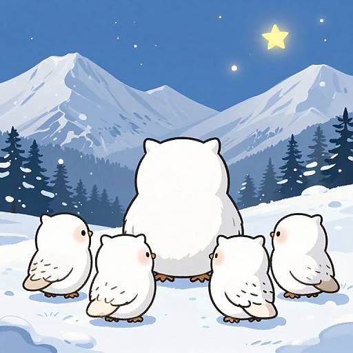 Six Cute Owls in Snowy Mountains