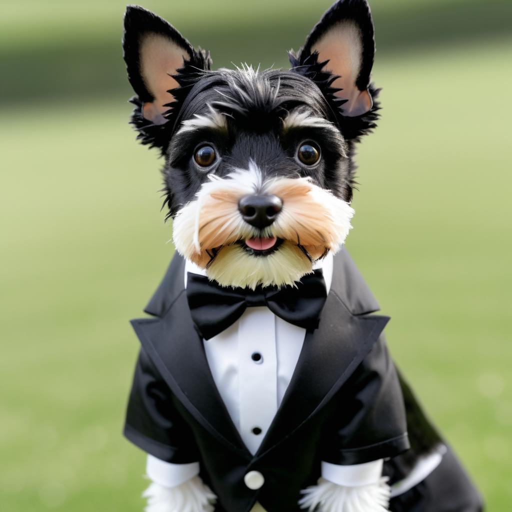 Dapper Terrier in Tuxedo and Bowtie