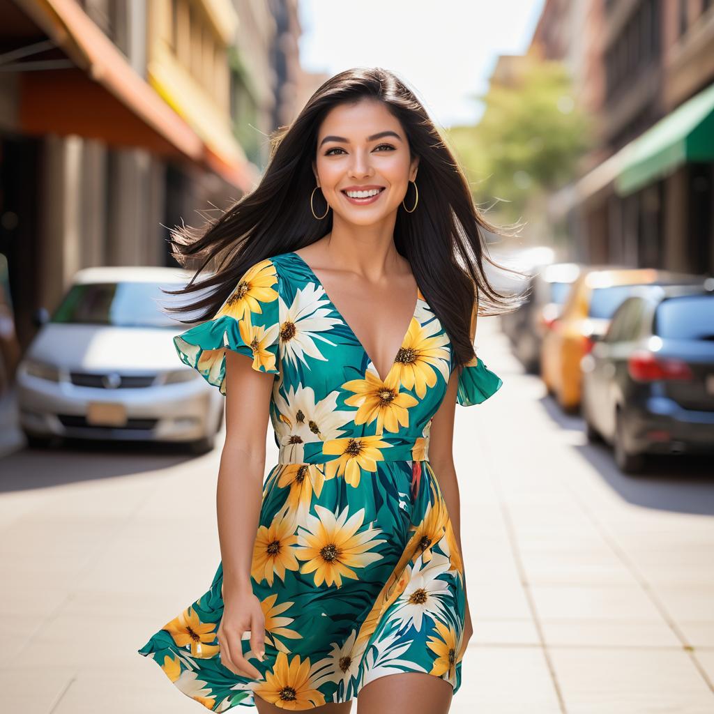 Cheerful Young Woman on Busy Sidewalk