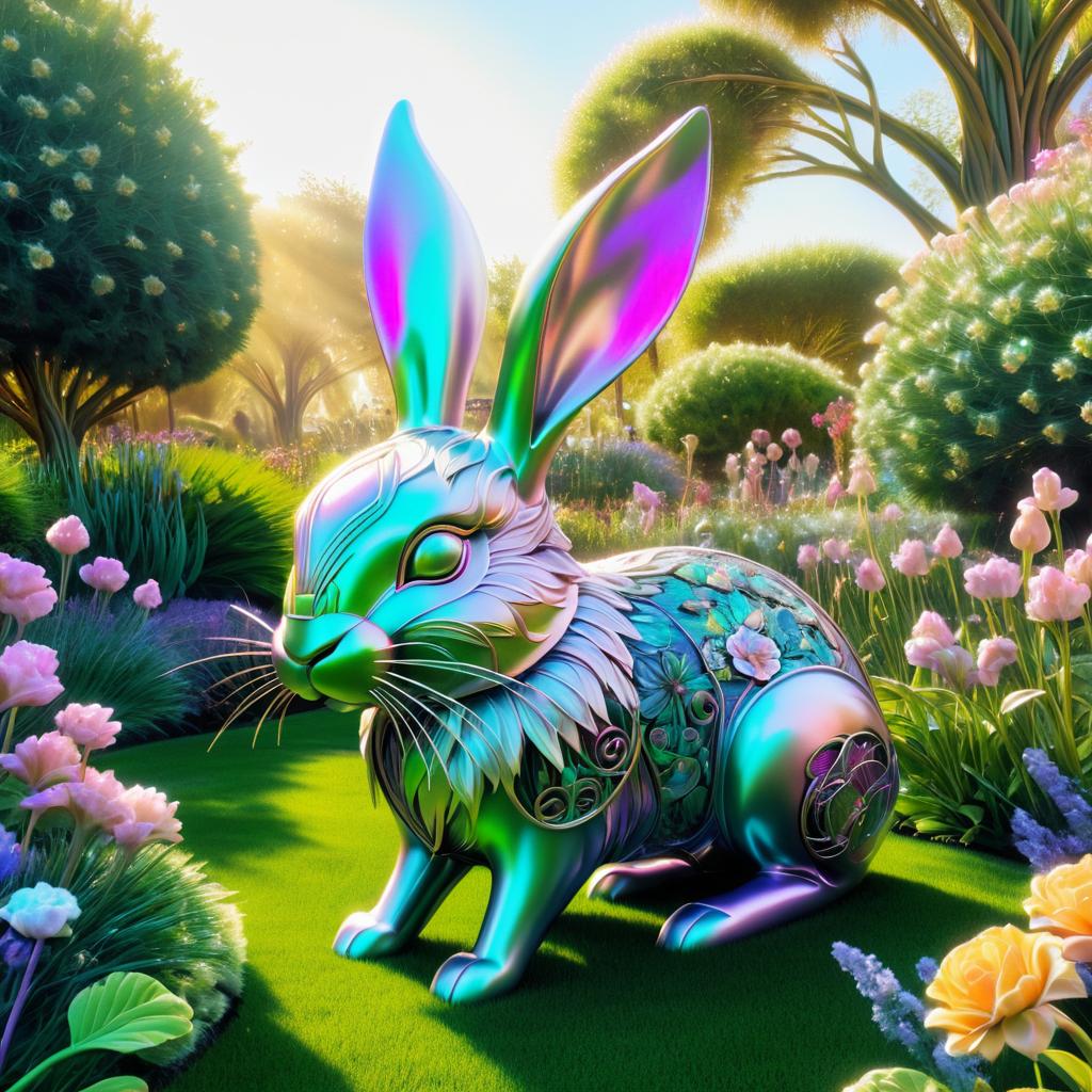 Iridescent Cyber Rabbit in Blooming Garden