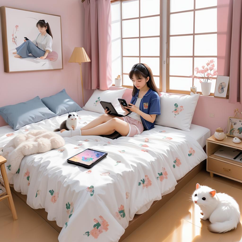 Anime Girl and Pets in Cozy Scene