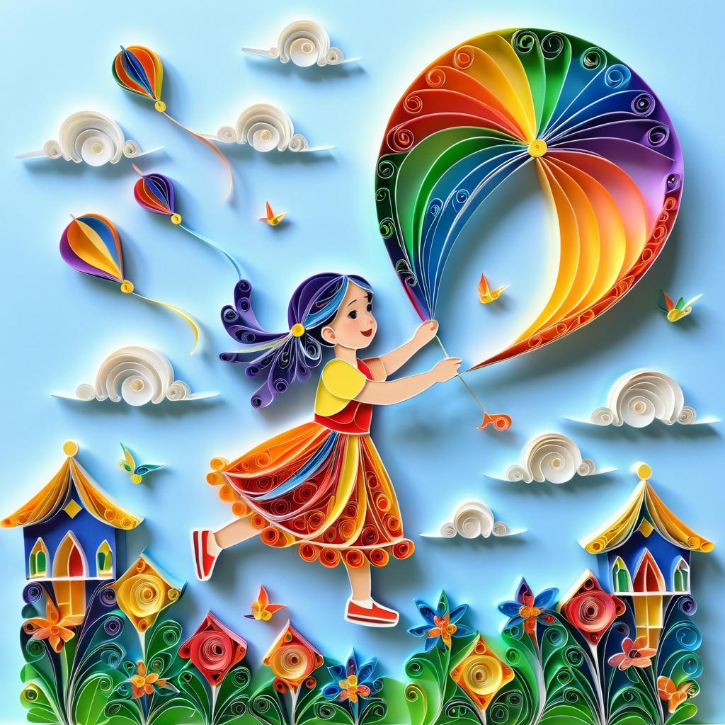 Whimsical Paper Quilling of a Child Flying a Kite