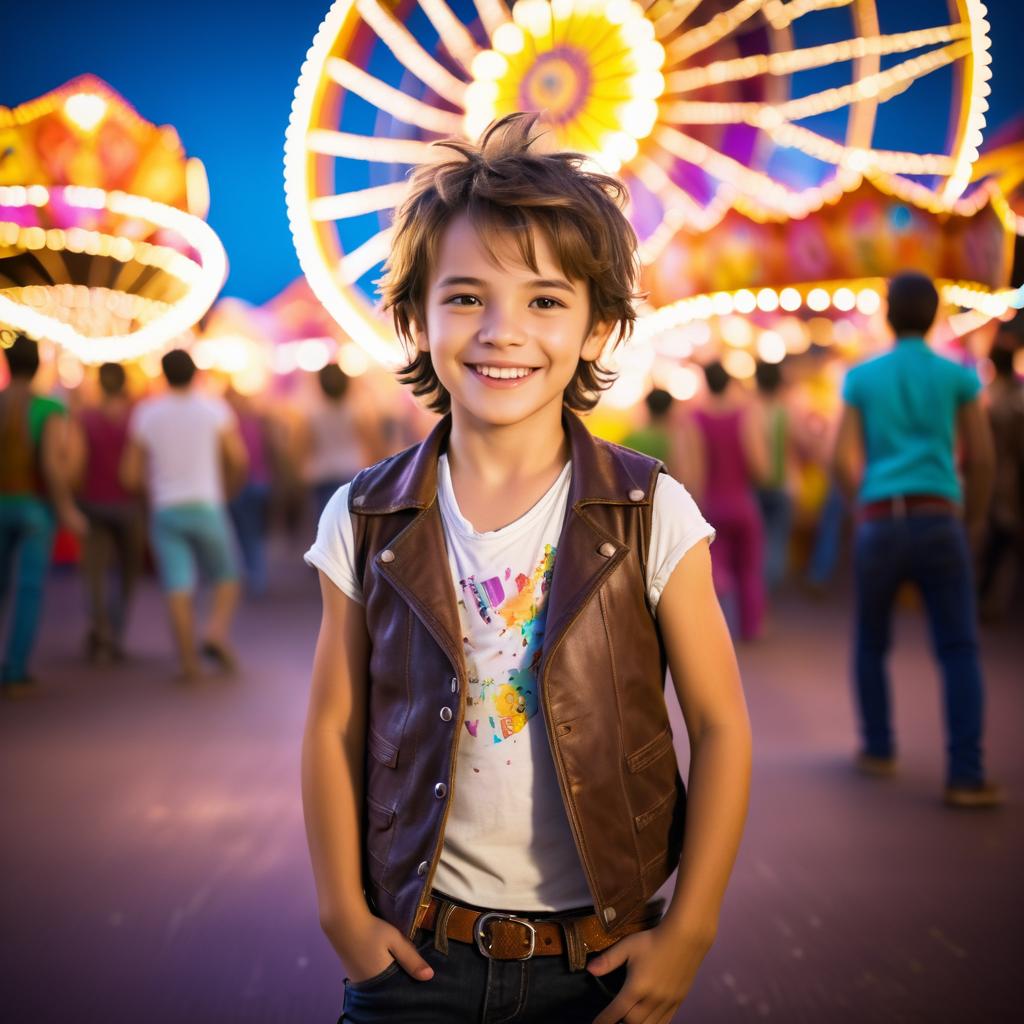 Playful Boy at a Vibrant Carnival