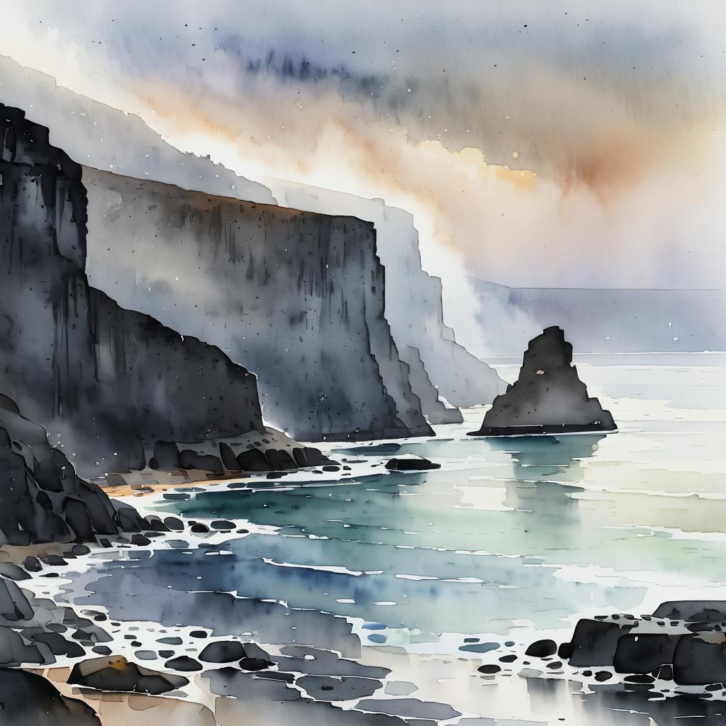 Serene Basalt Cliffs in Watercolor