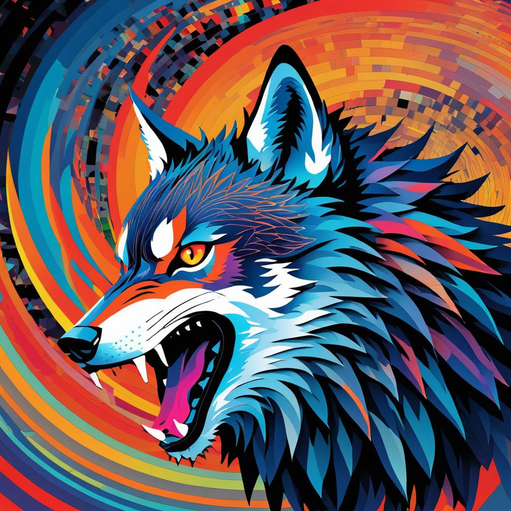 Surreal Illustration of Fiery-Eyed Fenrir