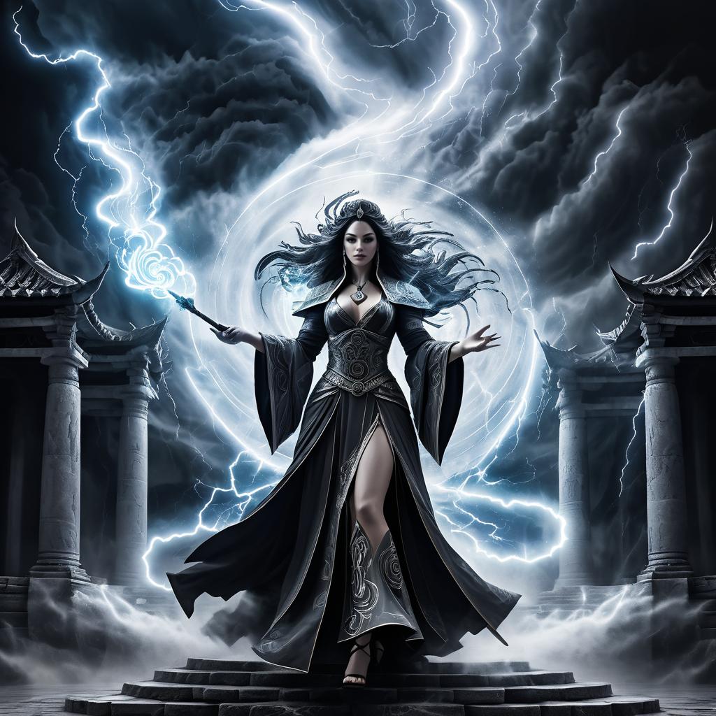 Sorceress Conjuring a Storm in Charcoal