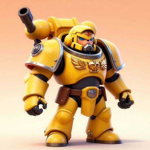 Digital art of a yellow, armored robot with blue eyes, a gold winged emblem, and a cannon arm, standing against a gradient orange background.