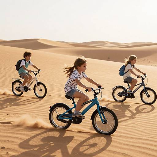 Three children biking through sunlit, rippled sand dunes; two girls and one boy, wearing backpacks and casual clothes, casting long shadows.
