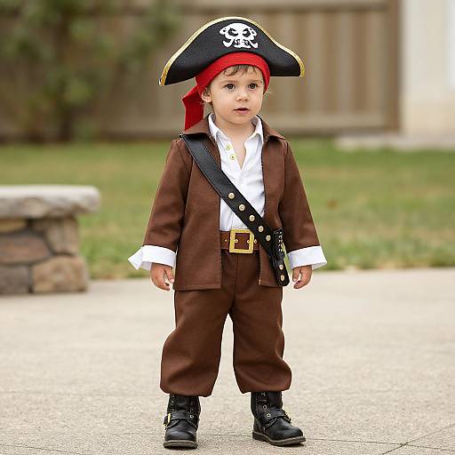 Photograph of a young boy dressed as a pirate, wearing a black tricorn hat with a white skull, brown coat, white shirt, black boots