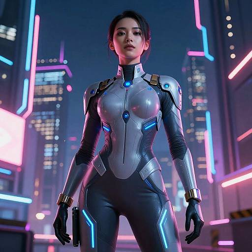 CGI image of an Asian woman in a sleek, silver, neon-lit cyber suit standing confidently in a futuristic, neon-drenched cityscape.