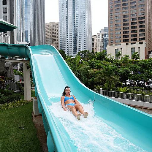 Photograph of a smiling woman in a blue bikini, sliding down a glowing blue water slide in an urban park, surrounded by tall skyscrapers and