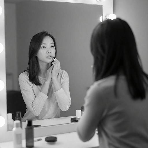 Asian Woman Applying Lipstick at Vanity Mirror