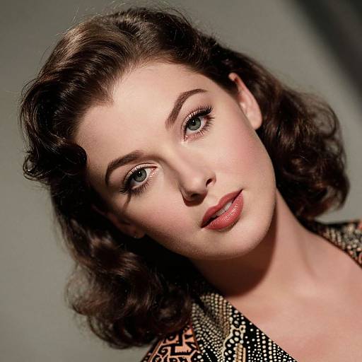Photograph of a fair-skinned, brunette woman with wavy hair, red lipstick, and subtle eye makeup, wearing a patterned top, looking