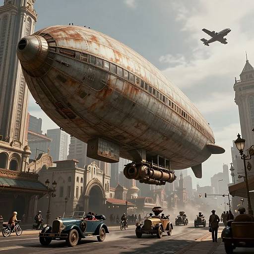 Photorealistic CGI of a rusted, airship-like zeppelin hovering above a bustling, vintage street with classic cars, pedestrians, and a flying