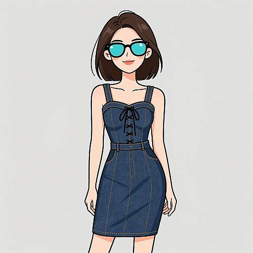 Digital drawing of a fair-skinned woman with short brown hair, wearing blue denim dress with straps and lace-up front, and blue sunglasses. White background