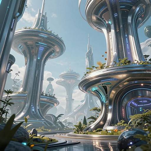 Digital art of futuristic cityscape with towering, sleek, metallic skyscrapers adorned with greenery, illuminated by blue and white lights.