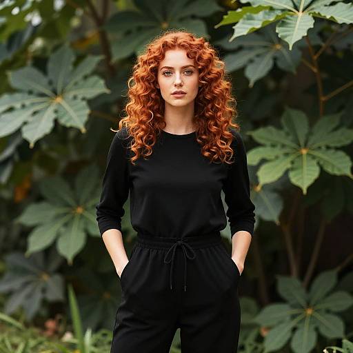 Confident Woman with Curly Auburn Hair in Black Jumpsuit