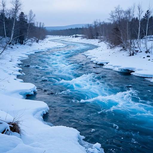 Photograph of a vibrant, icy blue, snow-covered river flowing through a winter forest with bare trees and snow-laden banks.