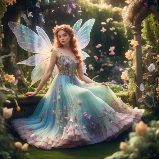 Gorgeous Fairy in Floral Dress in Magical Garden