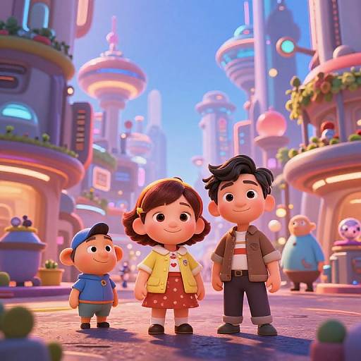 Digital cartoon of a family in a vibrant, futuristic city with neon lights. A smiling boy, girl, and younger boy stand together on a cobble