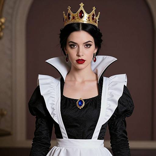 Photograph of a pale-skinned woman with black hair, wearing a gold crown, black dress with white ruffled collar, red lipstick, and blue