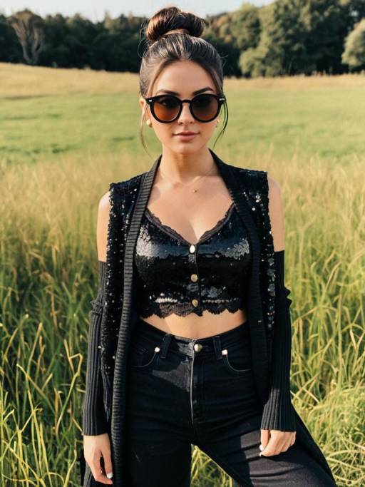 Woman in Black Chic Outfit in Grassy Field