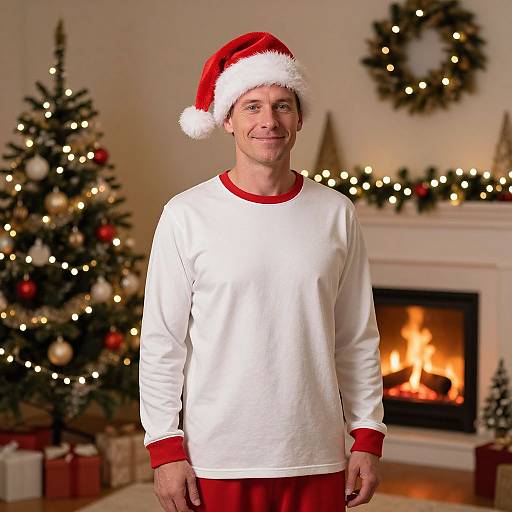 Photograph of a smiling man in a Santa hat, white long-sleeve shirt with red cuffs, and red pants, standing in a Christmas-de