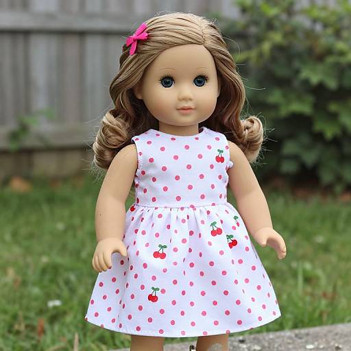 Photograph of a doll with wavy brown hair, blue eyes, wearing a white cherry-patterned dress, pink bow, standing on grass.