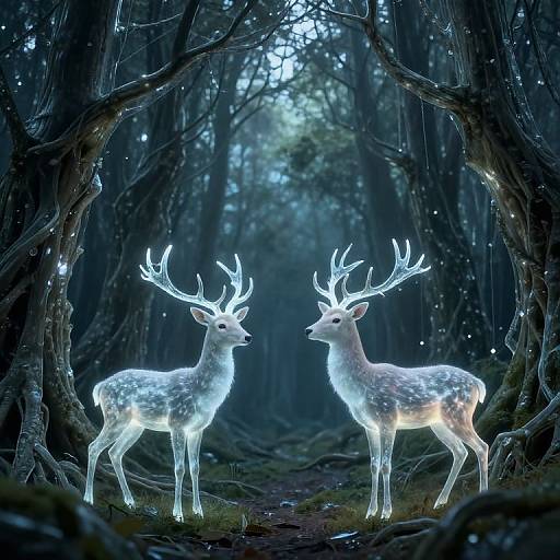 Photorealistic digital artwork of two glowing white deer with large antlers standing in a dark, enchanted forest with ethereal blue light.