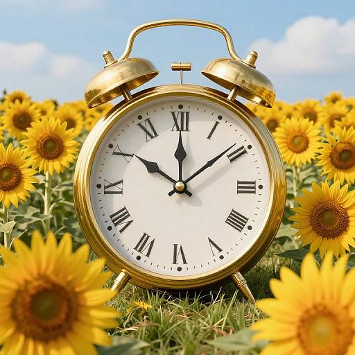 Surreal Golden Clock in Sunflowers