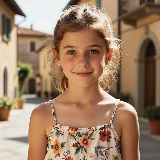 Photograph of a young girl with light brown hair in a floral sundress, standing in a sunlit, charming European street.
