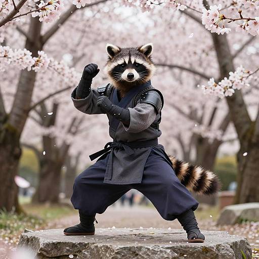 Digital artwork of a raccoon in a black ninja outfit, striking a karate pose on a rock, surrounded by blooming cherry trees.