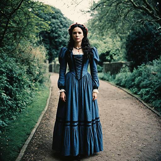 Photograph of a young woman with dark wavy hair, wearing a blue Victorian-style dress with puffed sleeves, standing on a tree-lined path in