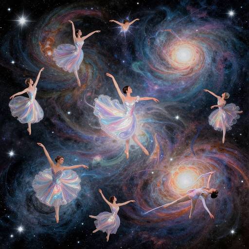 Digital art: Six ethereal ballerinas in glowing, iridescent tutus float among swirling, colorful galaxies with bright stars, creating a cosmic