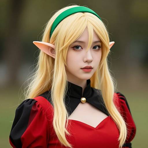Blonde Elf in Red and Black Dress