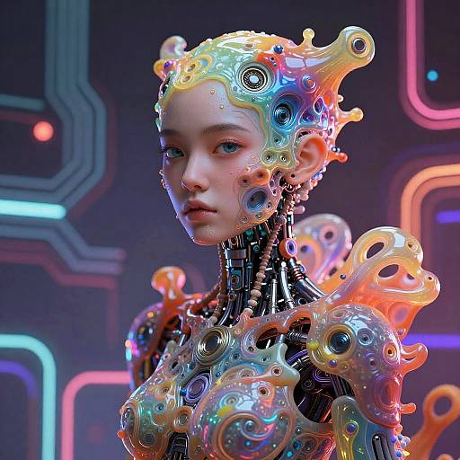 Digital artwork of a futuristic, androgynous figure with a colorful, organic, and mechanical head and shoulders, glowing against a neon-lit,