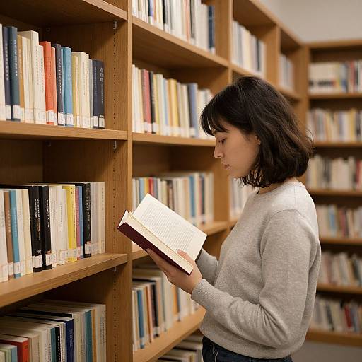 Photograph of an Asian woman with short black hair, wearing a white sweater, browsing books on wooden shelves in a library.
